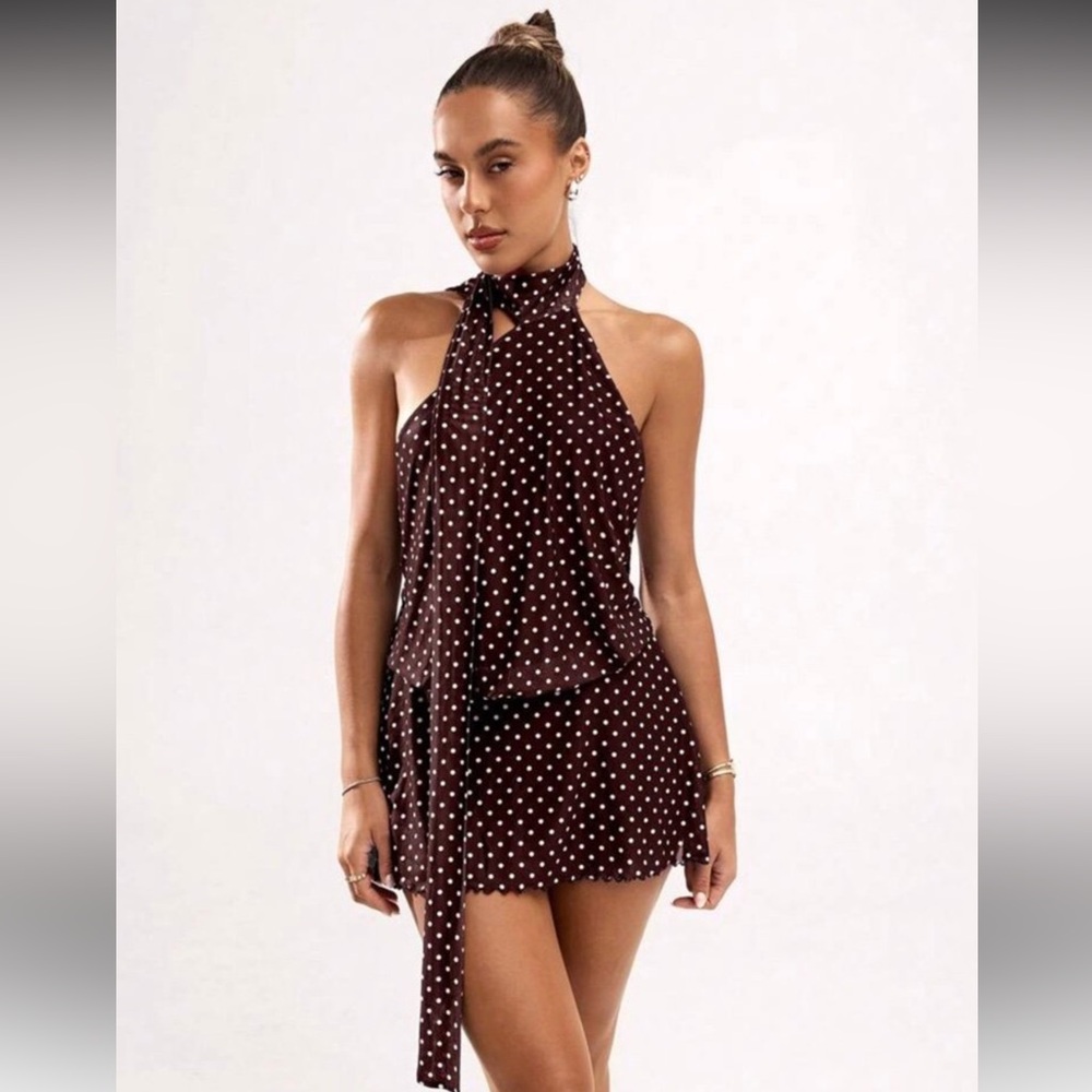 SHEIN Brown Polka Dot Halter Romper